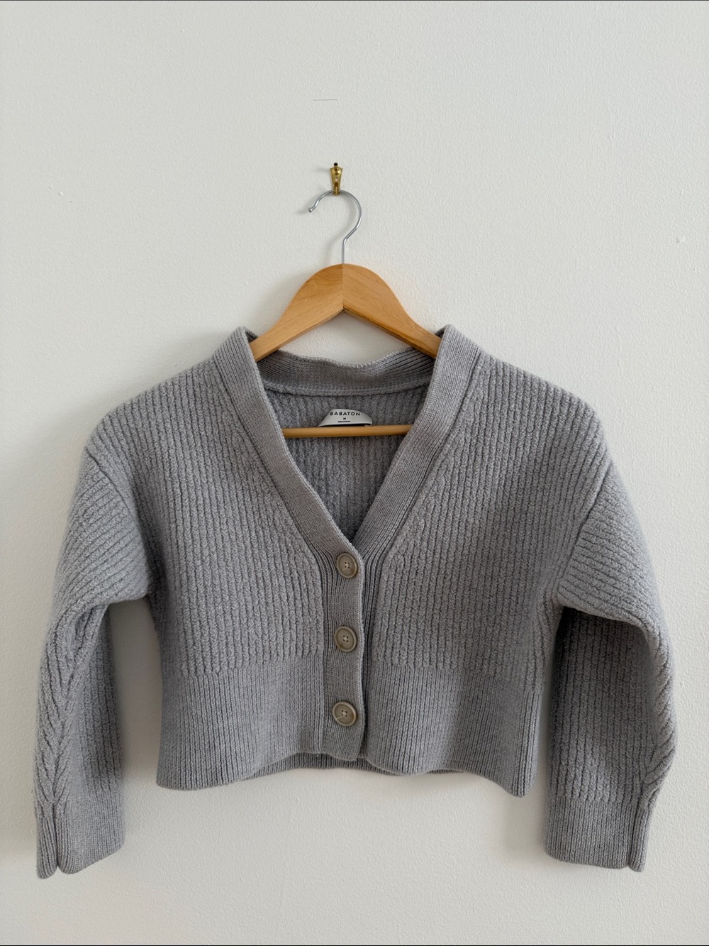 Babaton Cropped Ribbed V-Neck Cardigan Gray Minimalist 100% Wool